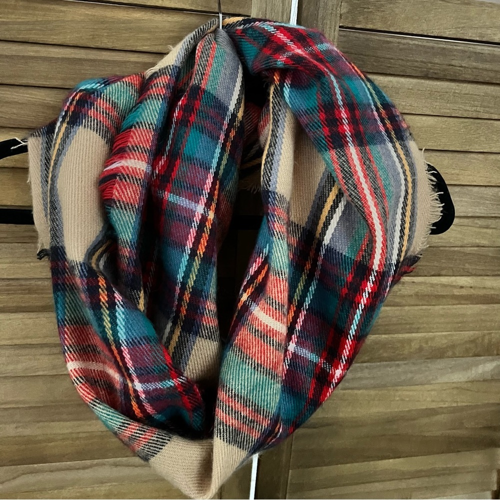 Red Green Tan Plaid Scarf Wrap 25 1/2" X 68"